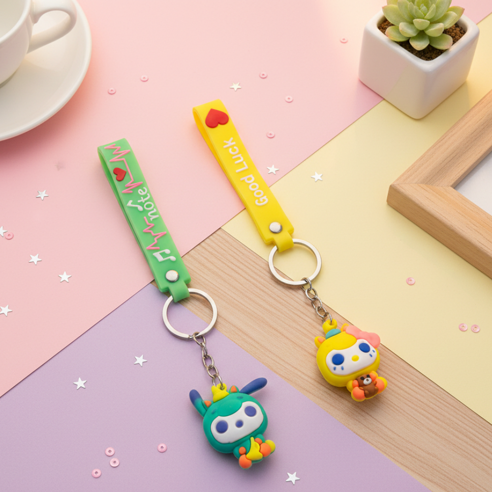 Two keychains featuring cartoon characters on a marble surface