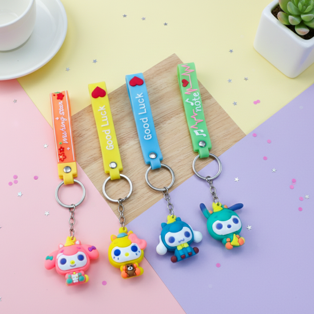 Colorful keychains with cartoon characters on a colorful background