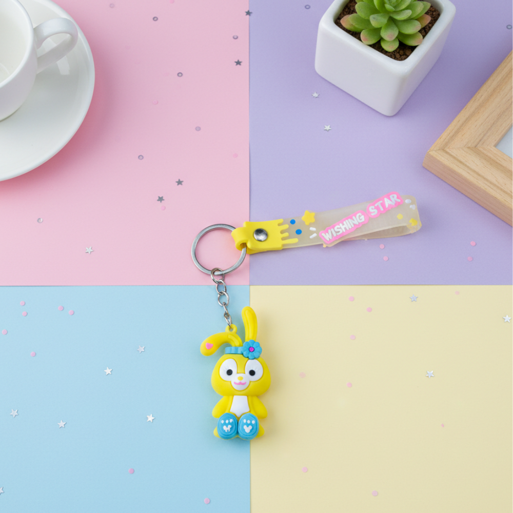 Colorful keychain with a cartoon character on a pastel background