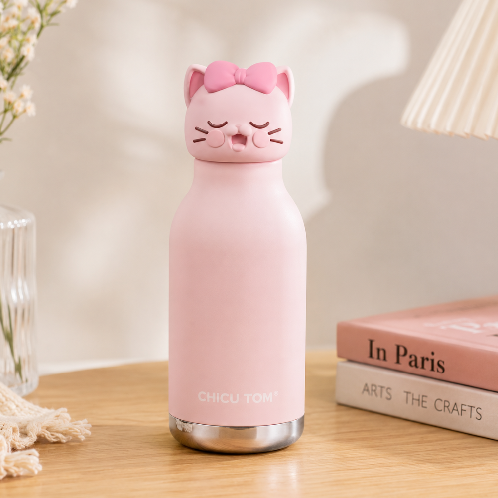 A pink cat-shaped insulated bottle with a bow on the lid, standing on a wooden table next to books and a lamp.