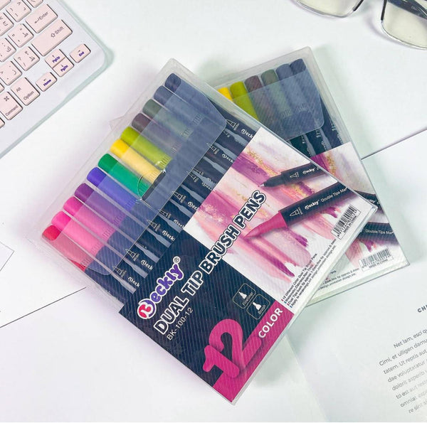 Beckly Dual Tip Brush Pens – 12 Color Set for Calligraphy, Journaling & Art ✨🎨