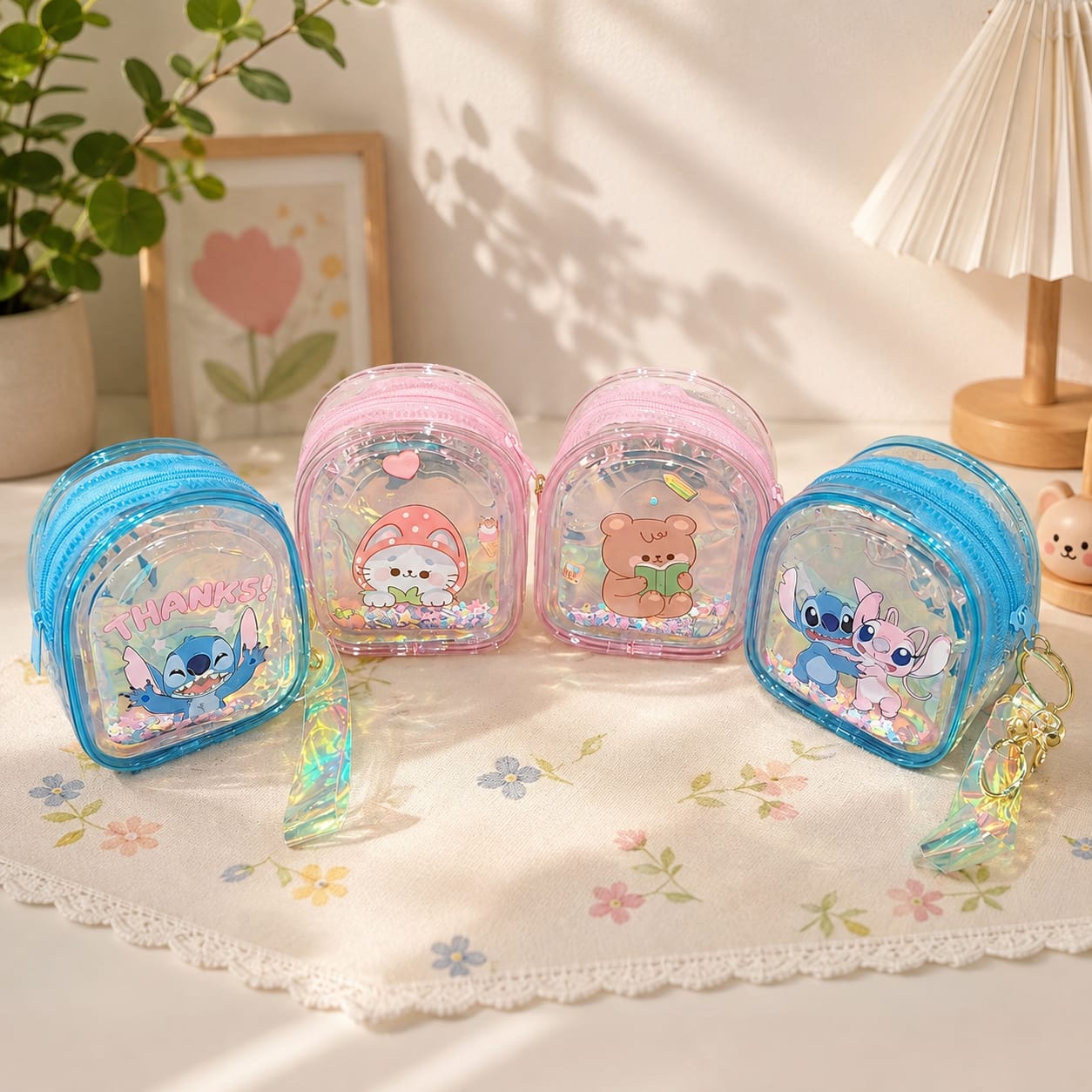 Four small transparent zip pouches with cartoon prints are arranged on a floral fabric surface in a softly lit room. The pouches come in blue and pink translucent colors and each has a matching iridescent wristlet strap.