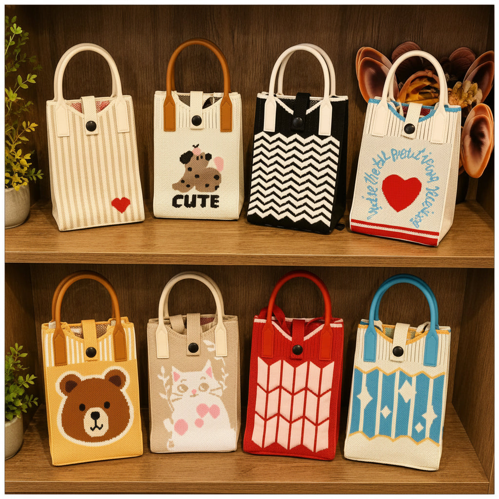 Eight tote bags displayed on wooden shelves, each with a different colorful pattern and cartoon design including stripes, chevrons, bears, cats, and hearts.

Details