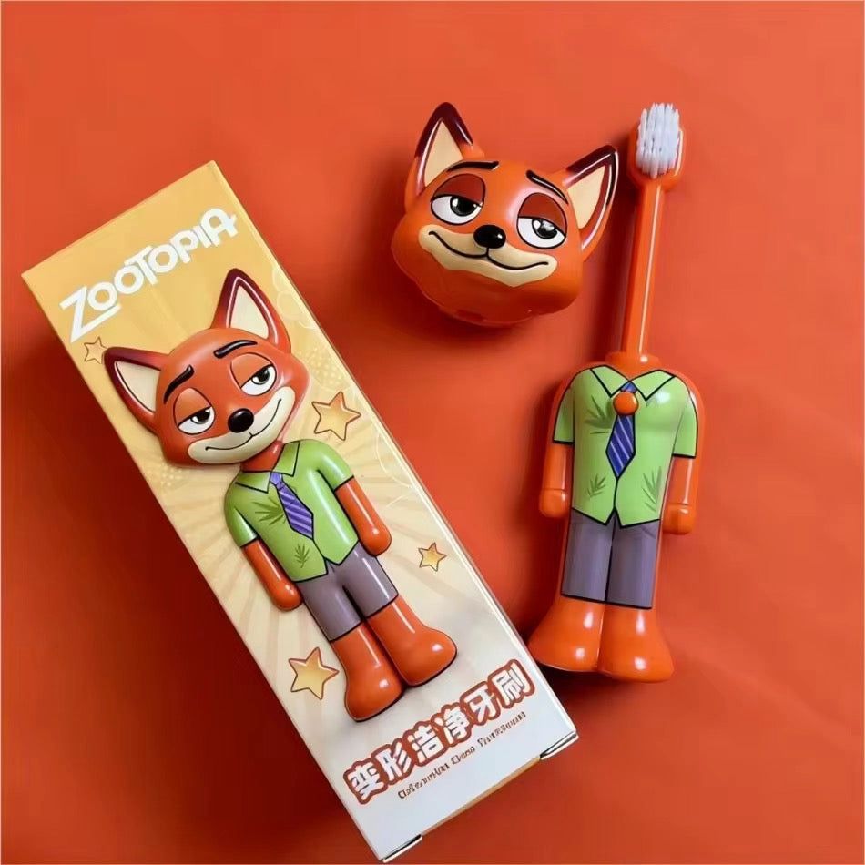 Zootopia-themed children's toothbrush and packaging on an orange background
