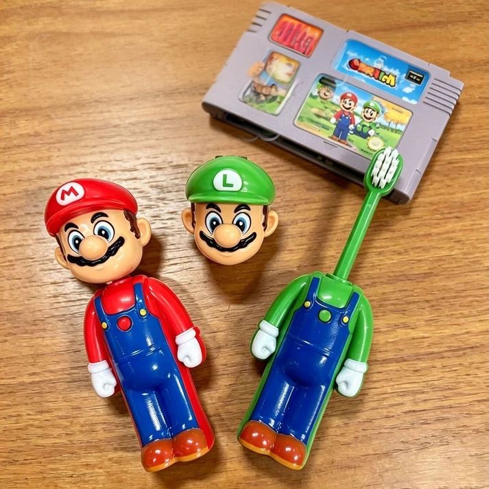 A novelty Mario-themed toothbrush set on a wooden tabletop, featuring a gray Nintendo SNES game cartridge, two small Mario and Luigi face figurines, and a green toothbrush shaped like Mario's overalls.