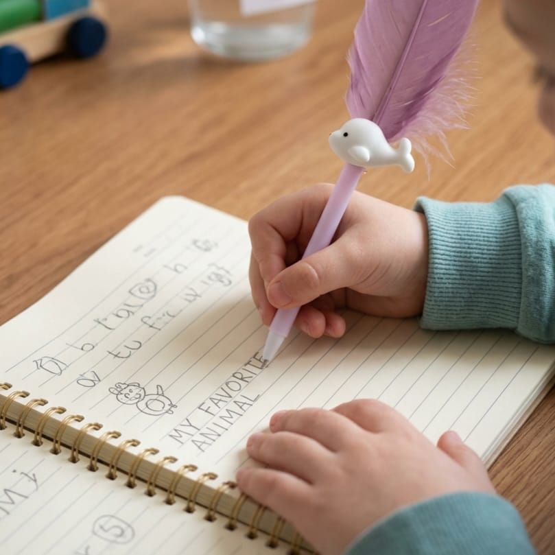 A child's hands writing in a lined notebook with a pastel pink pen topped with a white dolphin figure and a purple feather, on a wooden table.
