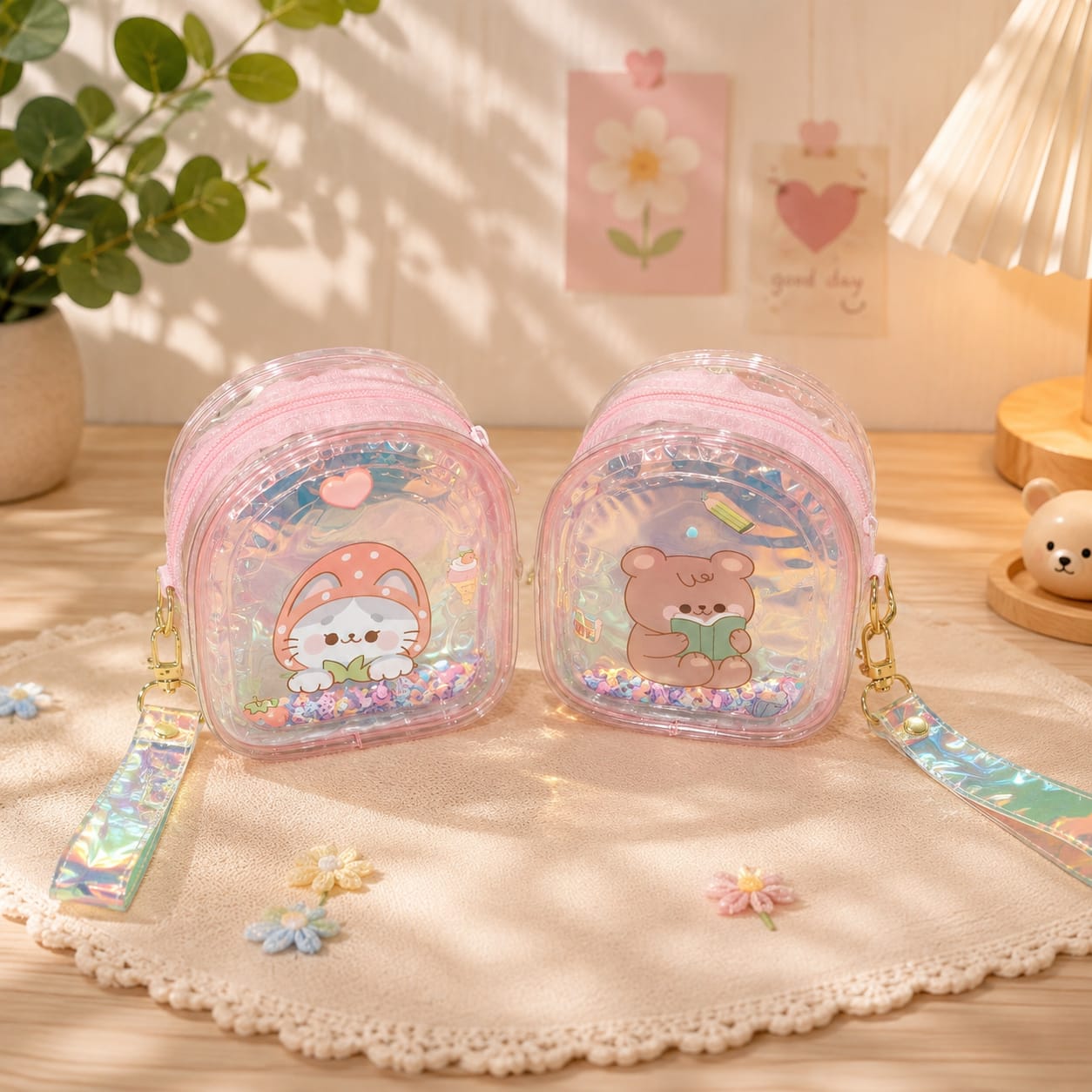 Cute transparent glitter mini coin pouch with adorable cartoon design, floating sequins, smooth zipper, and holographic wrist strap