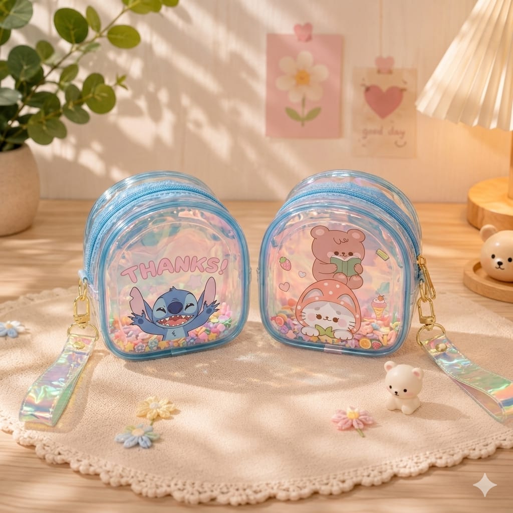 Two small iridescent zip pouches with cartoon characters and floral prints, displayed on a lace mat on a wooden table with decorative props including a plant, lamp, and small figurines.