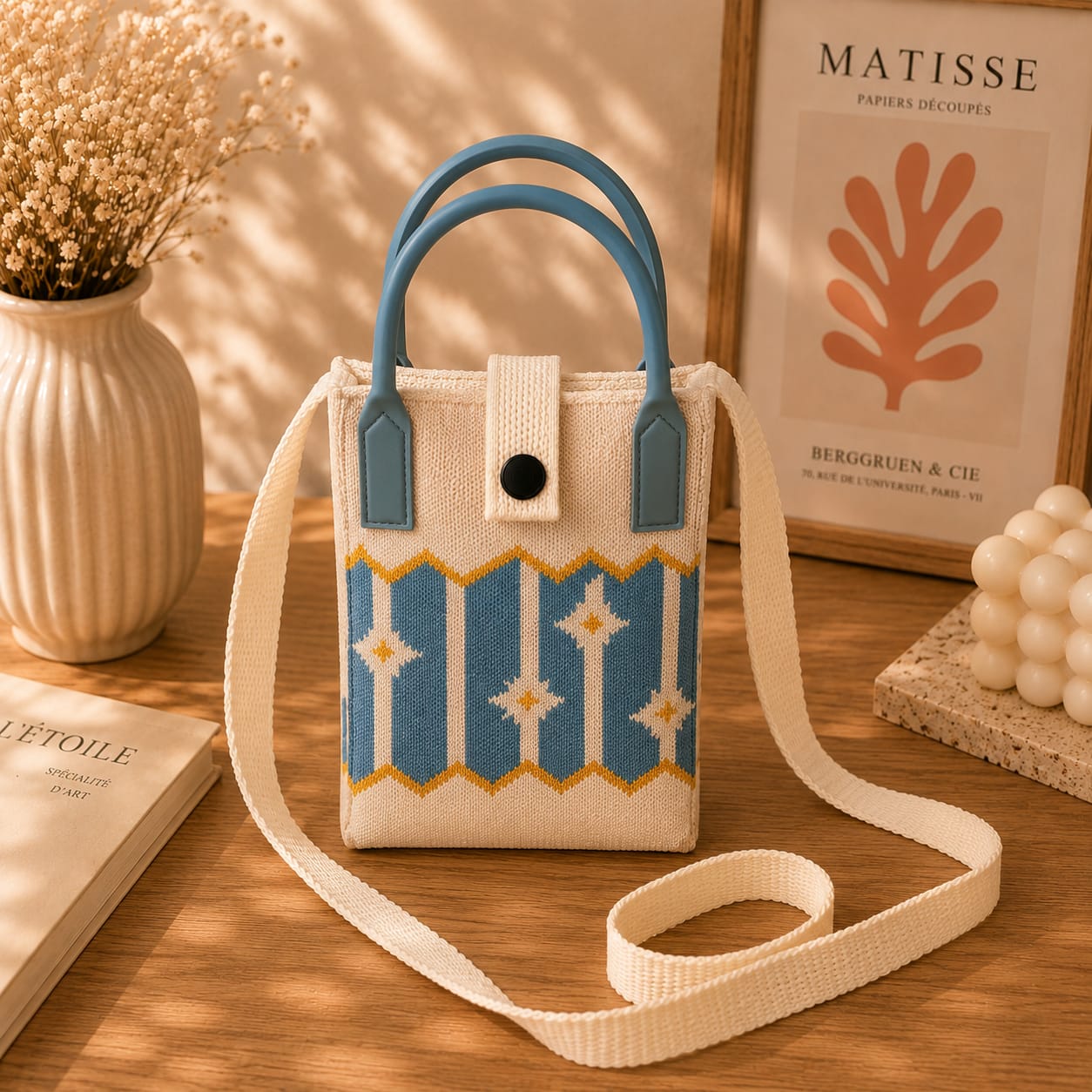 A woven tote bag with a cream canvas body, blue geometric pattern, and blue top handles, styled on a wooden table with dried flowers, a book, and a framed print.