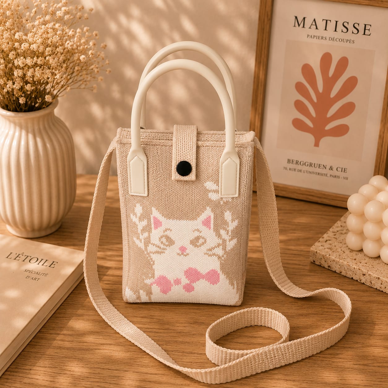 A beige knitted tote bag with a white cat and pink bow design, featuring cream-colored top handles and a matching shoulder strap, styled on a wooden table with dried flowers and a framed print.