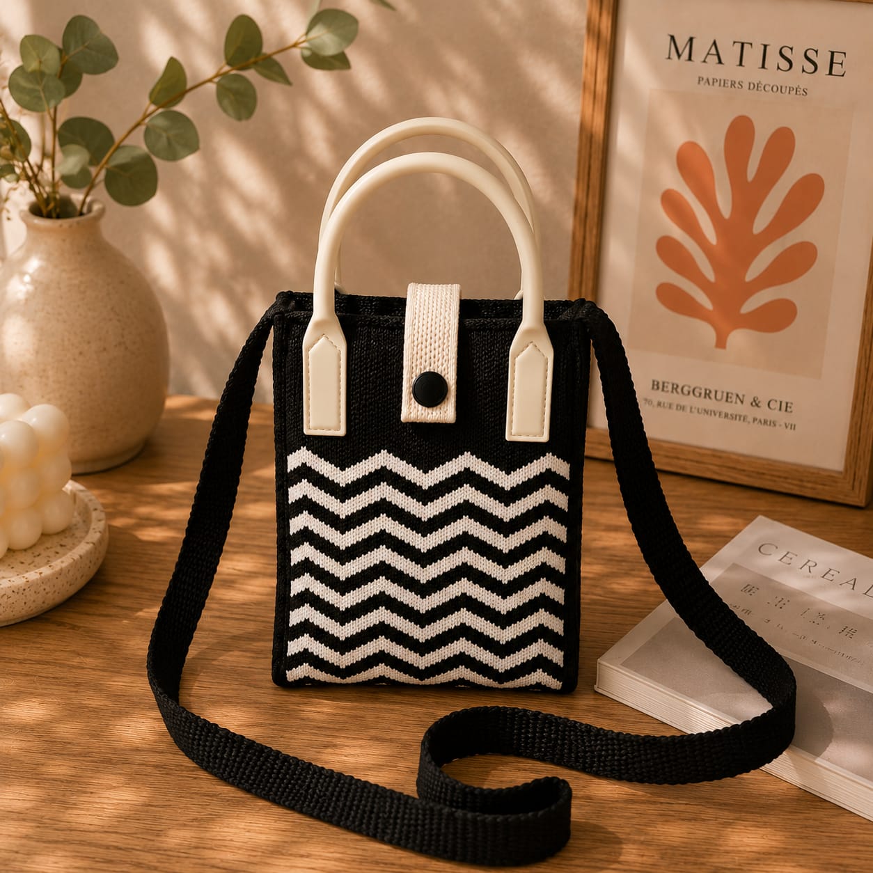 A black and white woven tote bag with a chevron pattern, cream-colored top handles, and a matching black shoulder strap, styled on a wooden table with decorative props including a vase, framed art, and a book.