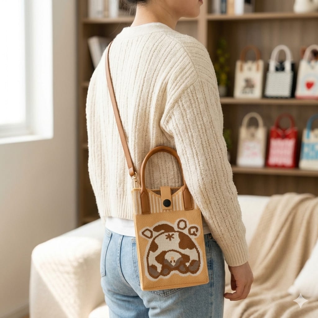 A woman wearing a cream ribbed sweater and light blue jeans carries a small tan tote bag with a brown bear face design and a shoulder strap in a cozy indoor room setting.