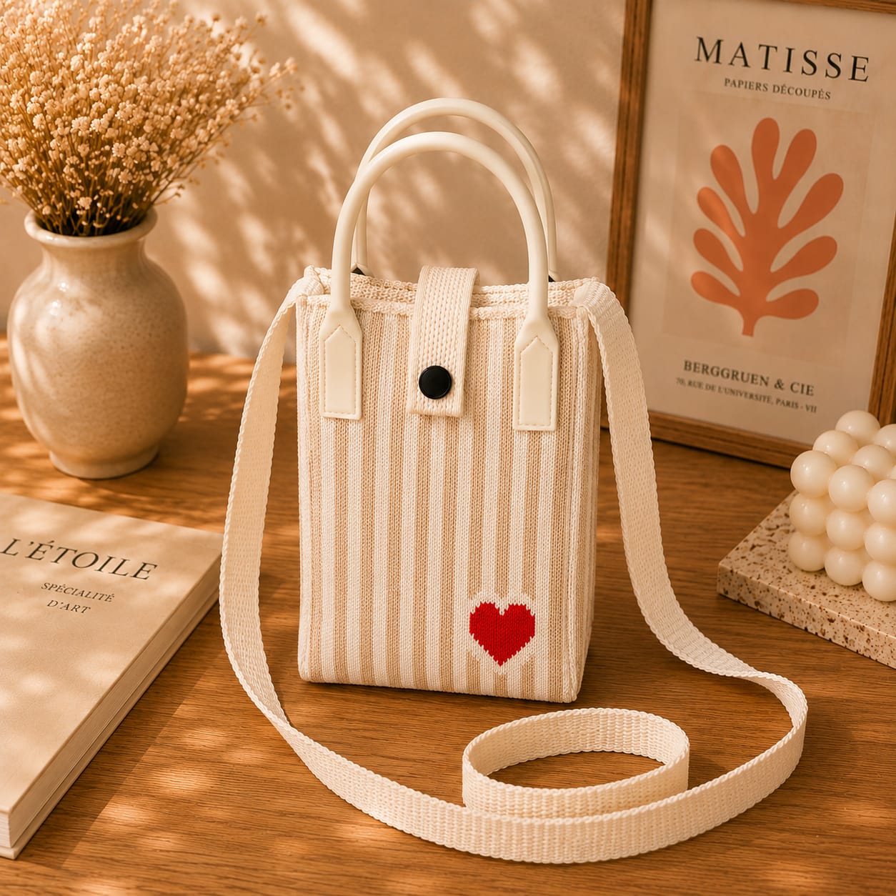 A cream and beige vertically striped canvas tote bag with a red heart on the front, displayed on a wooden table with a matching shoulder strap. The scene is styled with a vase of dried flowers, a book, and a framed Matisse print.