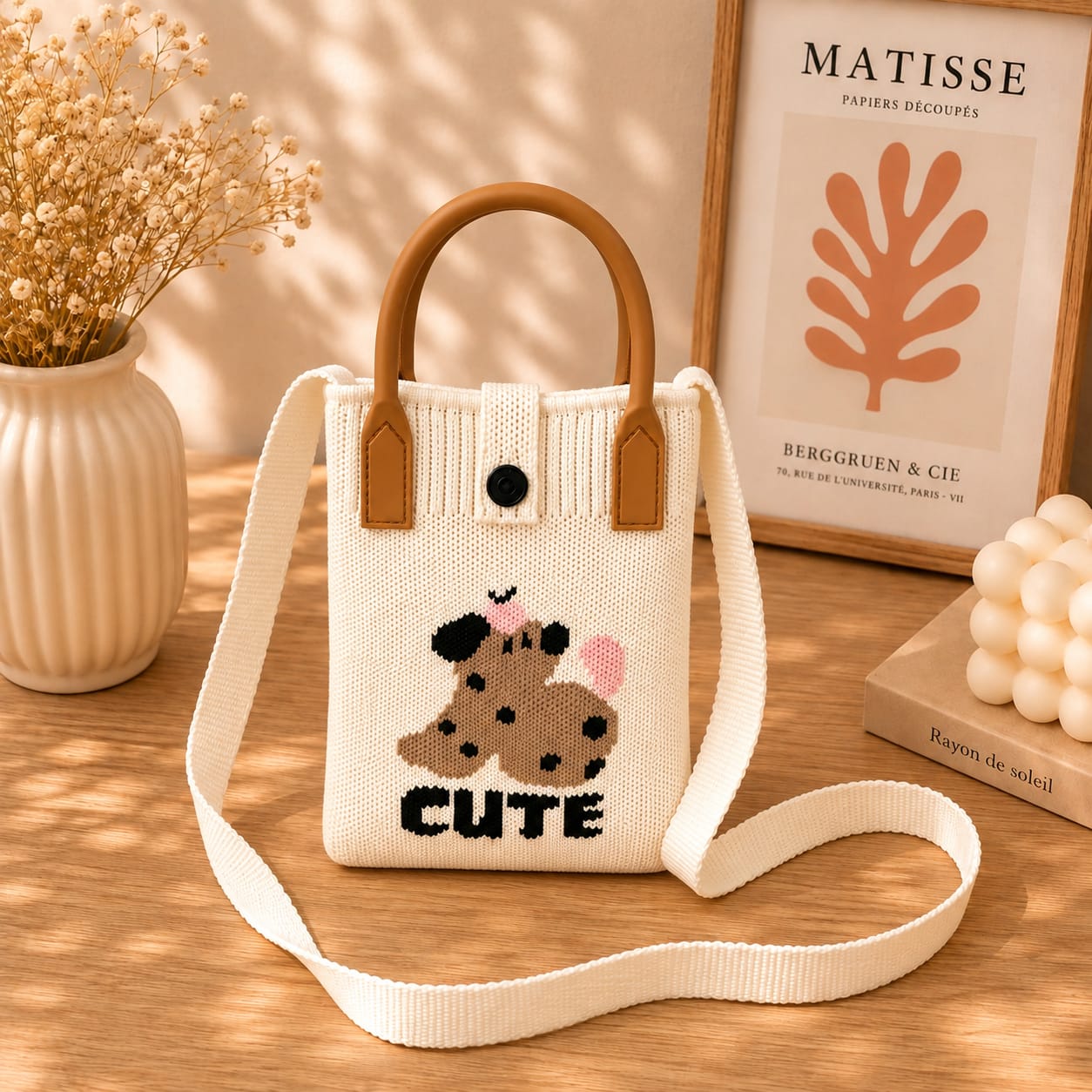Cream knitted tote bag with a brown dog graphic and the word 'CUTE' in black, styled on a wooden table with a shoulder strap, dried flowers, and framed art in the background.