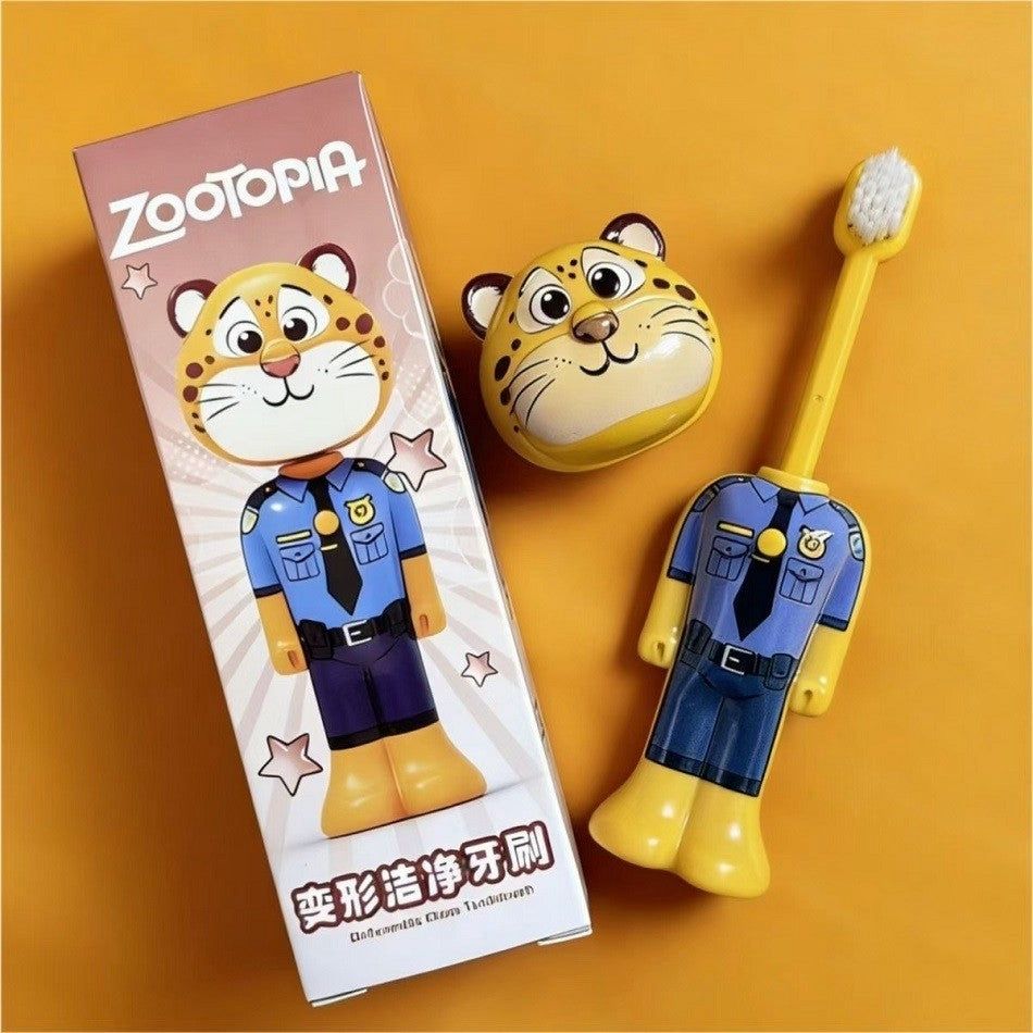 Zootopia-themed children's toothbrush and packaging on an orange background