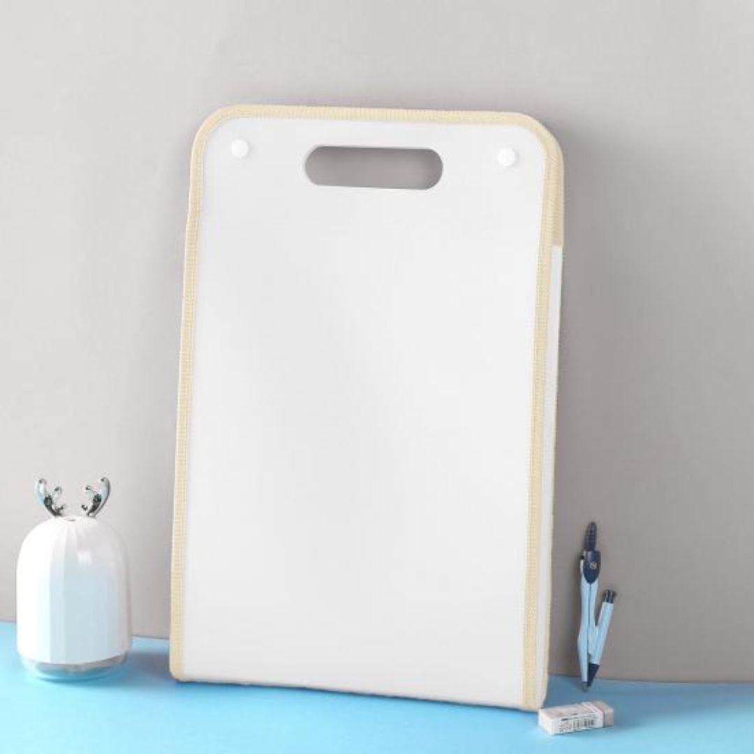 White A4 document wallet with ergonomic handle, great for school assignments.