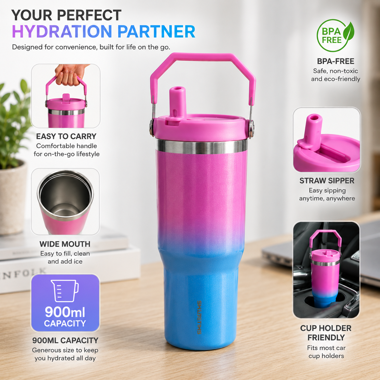 Pink and blue gradient water bottle with handle and straw on a desk