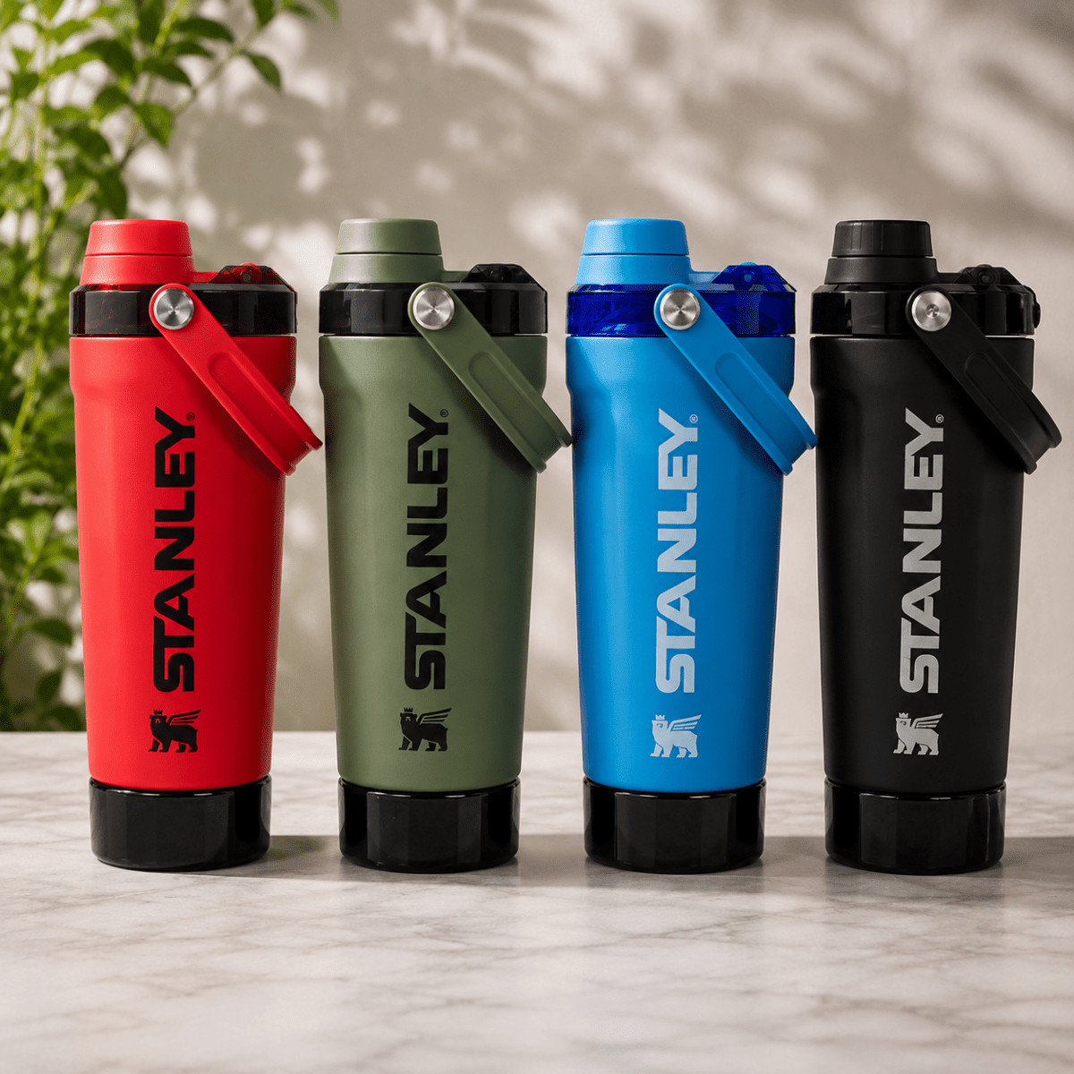 Activate Shaker BottleInsulated Water BottleCrafty CuddleFour Stanley water bottles in red, olive green, blue, and black, lined up on a light marble surface with a soft shadow and blurred greenery in the background.Olive GreenShakerBottle ProteinShaker GymBottle FitnessEssentials WaterBottle WorkoutGear LeakproofBottle BPAFree SportsBottle Hydration