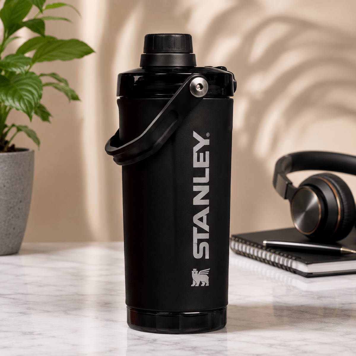 Activate Shaker BottleInsulated Water BottleCrafty CuddleA black Stanley water bottle with a carry loop, standing on a marble tabletop with a plant, headphones, and notebook in the background.BlackShakerBottle ProteinShaker GymBottle FitnessEssentials WaterBottle WorkoutGear LeakproofBottle BPAFree SportsBottle Hydration