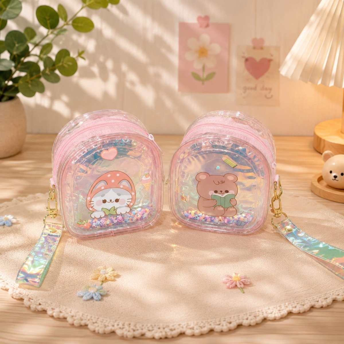 Aesthetic Mini Glitter Coin PurseMini PurseCrafty CuddleCute transparent glitter mini coin pouch with adorable cartoon design, floating sequins, smooth zipper, and holographic wrist strapPinkMini Coin PouchTransparent Pouch