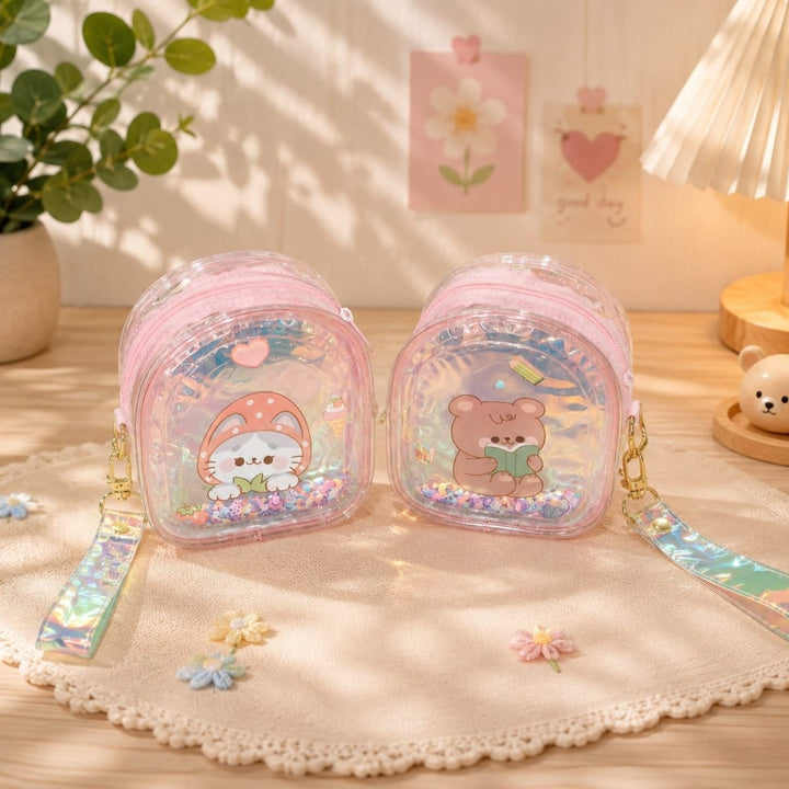 Aesthetic Mini Glitter Coin PurseMini PurseCrafty CuddleCute transparent glitter mini coin pouch with adorable cartoon design, floating sequins, smooth zipper, and holographic wrist strapPinkMini Coin PouchTransparent Pouch