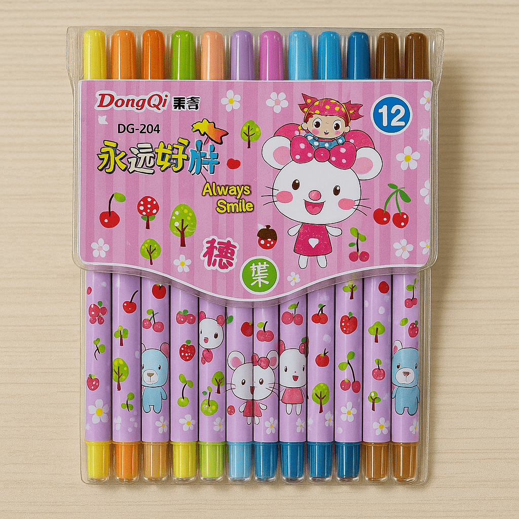 Set of DongQi children's markers with colorful caps on a wooden surface