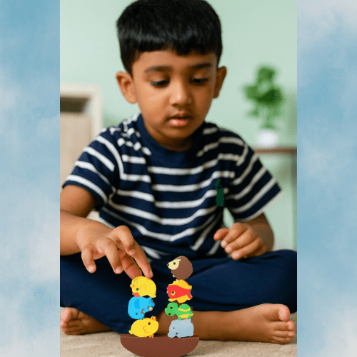 Child playing with colorful animal erasers on a wooden base
