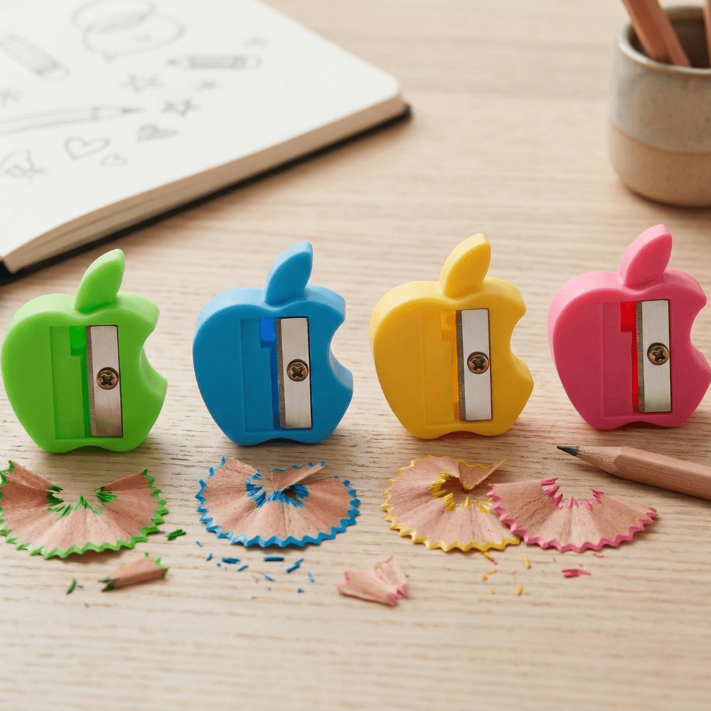 Apple Magic SharpenerCrafty CuddleFour colorful apple - shaped pencil sharpeners on a wooden surface with pencil shavings.1