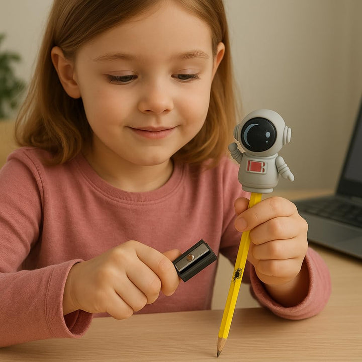 Astronaut 2 - in - 1 Sharpener and EraserStationery > Erasers &amp; SharpenersCRAFTY CUDDLEChild sharpening a pencil with an astronaut - shaped sharpenerAstroDeskAstronautLife