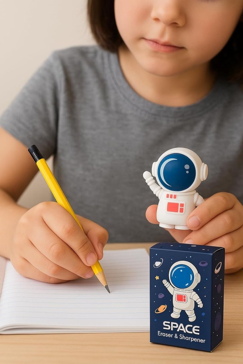 Astronaut 2 - in - 1 Sharpener and EraserStationery > Erasers & SharpenersCRAFTY CUDDLEChild writing with a yellow pencil next to an astronaut - themed eraser and sharpener set.AstroDeskAstronautLife