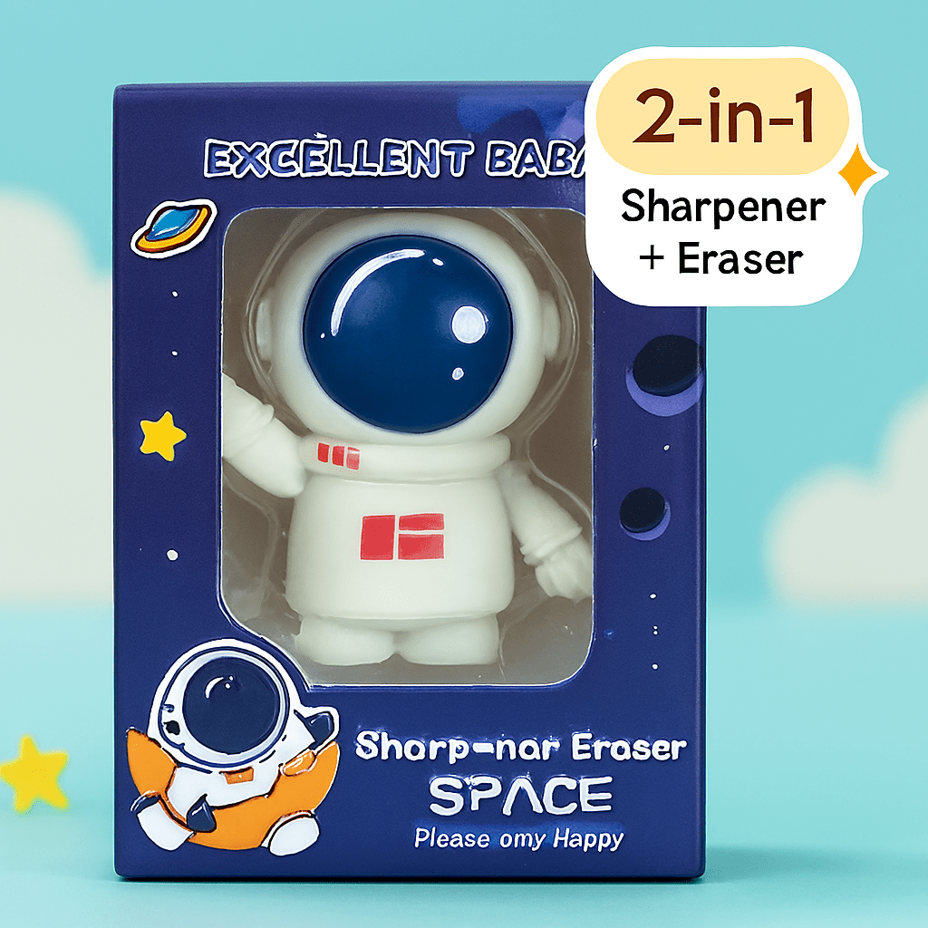 Astronaut 2 - in - 1 Sharpener and EraserStationery > Erasers &amp; SharpenersCRAFTY CUDDLESharpener and eraser with astronaut design in packaging on a blue backgroundAstroDeskAstronautLife