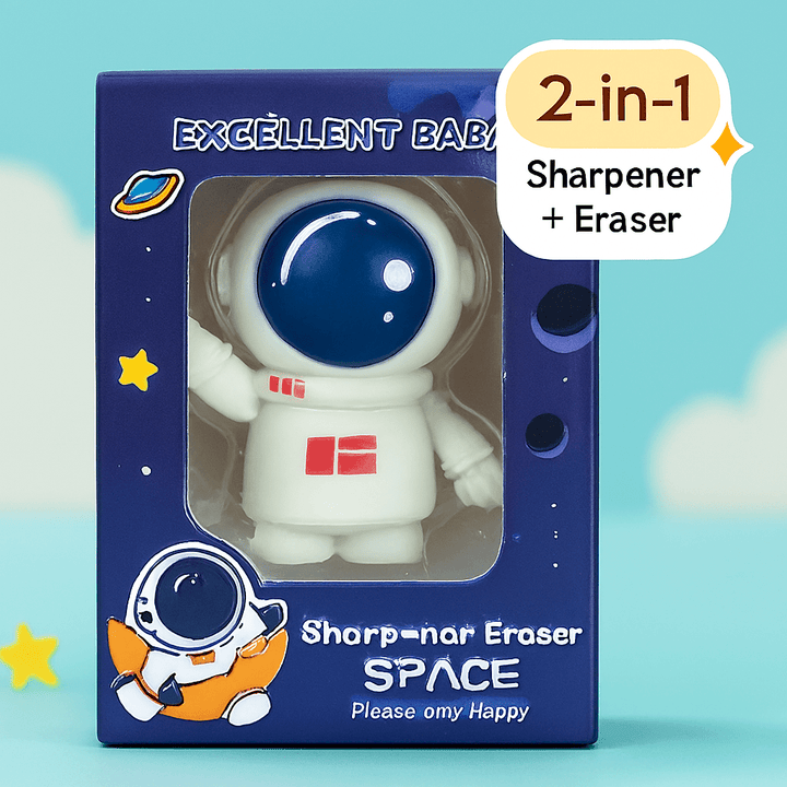 Astronaut 2 - in - 1 Sharpener and EraserStationery > Erasers &amp; SharpenersCRAFTY CUDDLESharpener and eraser with astronaut design in packaging on a blue backgroundAstroDeskAstronautLife