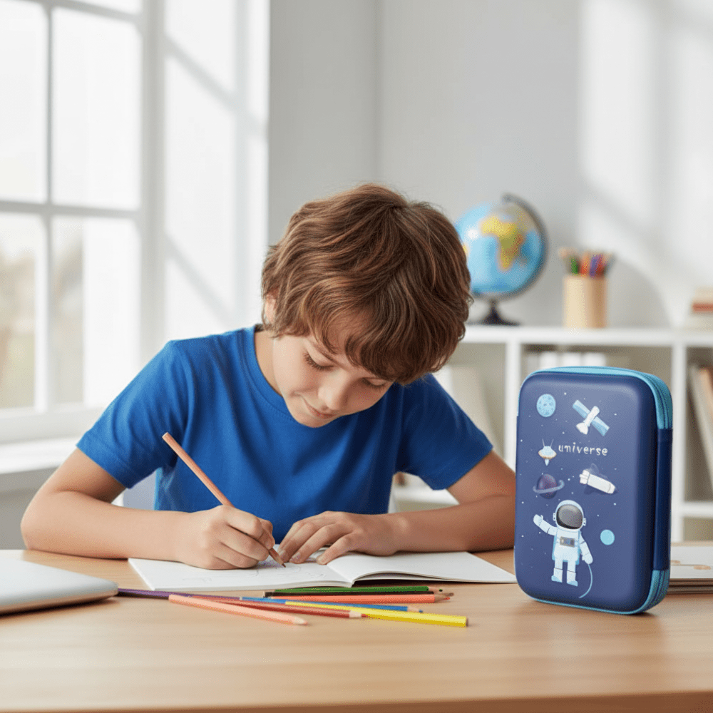 Astronaut EVA Hard Shell Pencil CasePencil PouchCRAFTY CUDDLEChild writing at a desk with a blue pencil case featuring an astronaut design.pencilcase pencilbox schoolsupplies stationery stationerylover stationeryaddict kidsstationery backtoschool schoolessentials studentlife stationeryshop schoolbag stationeryitems pencilpouch schoollife giftforkids kidsgifts