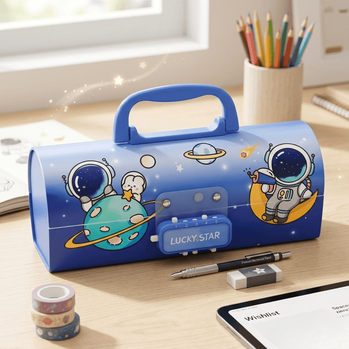 Astronaut Passcode Pencil BoxSpace pencil boxCRAFTY CUDDLEBlue pencil case with cartoon astronauts on a desk with stationery itemsAstronautKidsAstronautLife