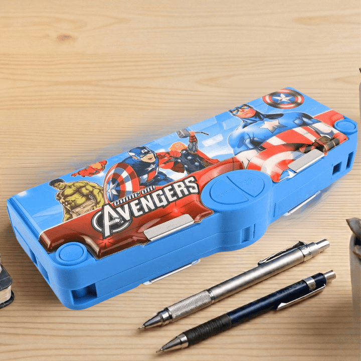 Avengers Dual Sided Pencil BoxAvengers Pencil BoxCrafty CuddleAvengers - themed pencil case with two pens on a wooden surface