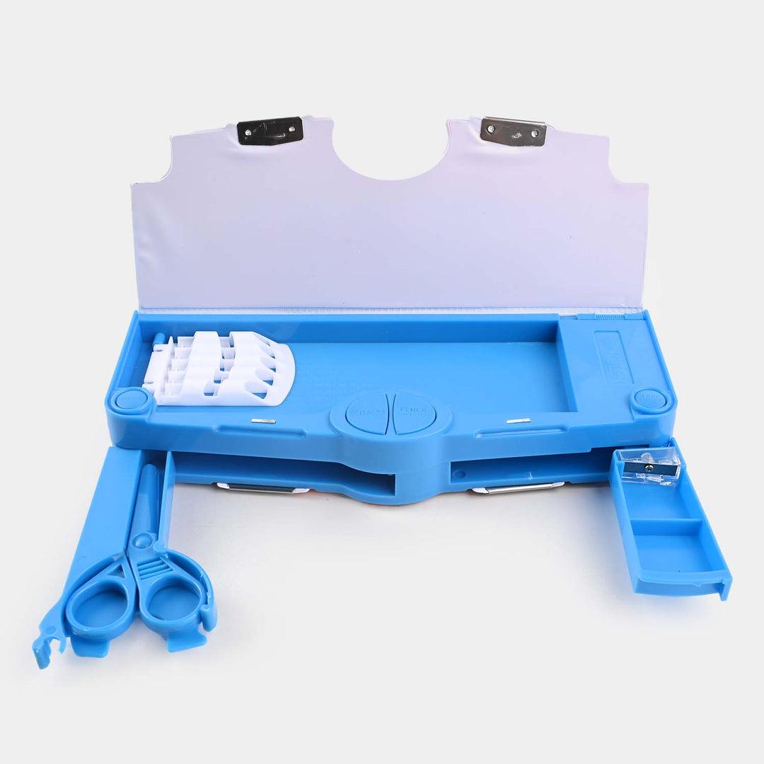 Avengers Dual Sided Pencil BoxAvengers Pencil BoxCRAFTY CUDDLEBlue children's pencil box with pencil stand, scissors, and other tools on a white background