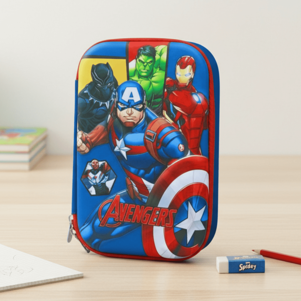 Avengers Superhero Pencil PouchPencil PouchCRAFTY CUDDLEAvengers - themed pencil case on a wooden surface with a white backgroundAvengersPencilBox MarvelStationery SuperheroSchoolSupplies BoysSchoolSupplies AvengersMerch EVAHardCase SchoolPencilCase BackToSchool KidsStationery MarvelFans SuperheroTheme SchoolEssentials