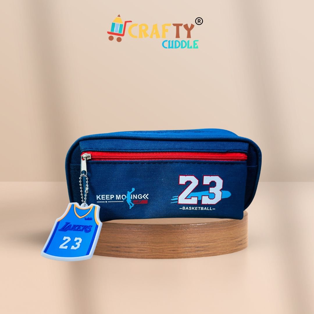 Blue basketball theme pencil pouch with zipper and number 23 tag | Crafty Cuddle stationery case for boys and kids
