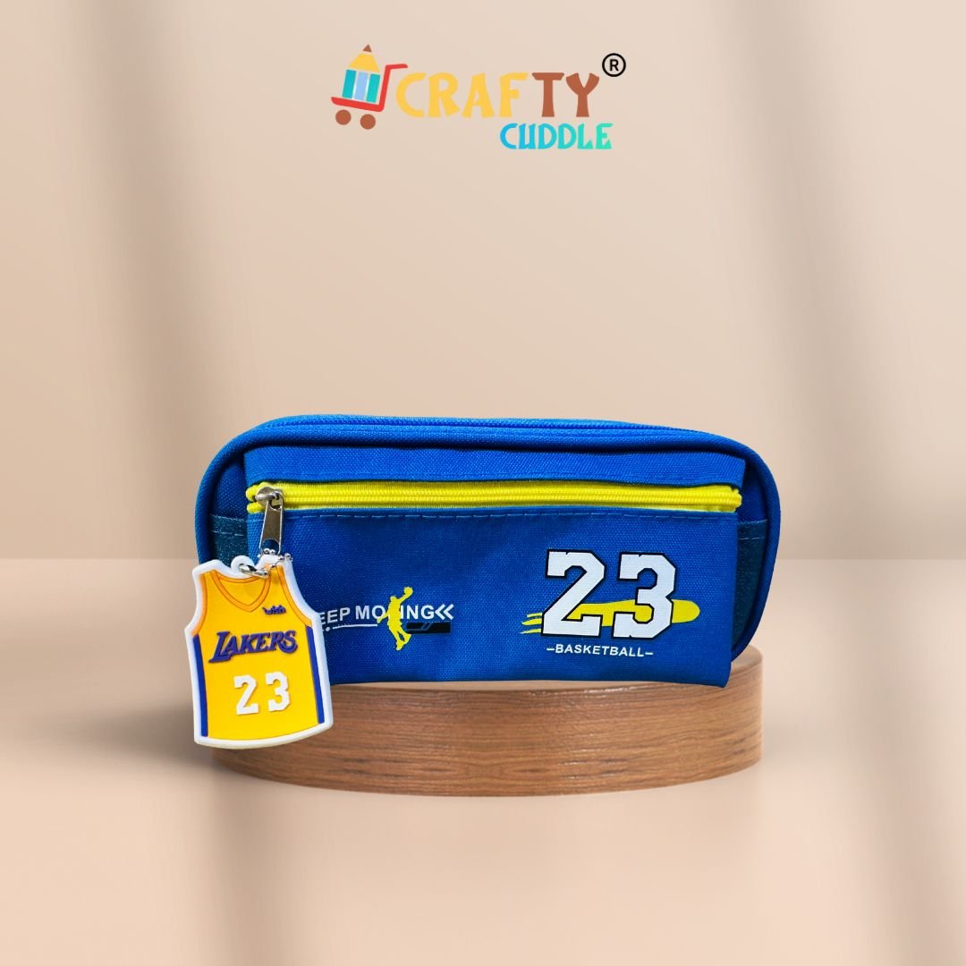 Light Blue basketball theme pencil pouch with zipper and number 23 tag | Crafty Cuddle stationery case for boys and kids