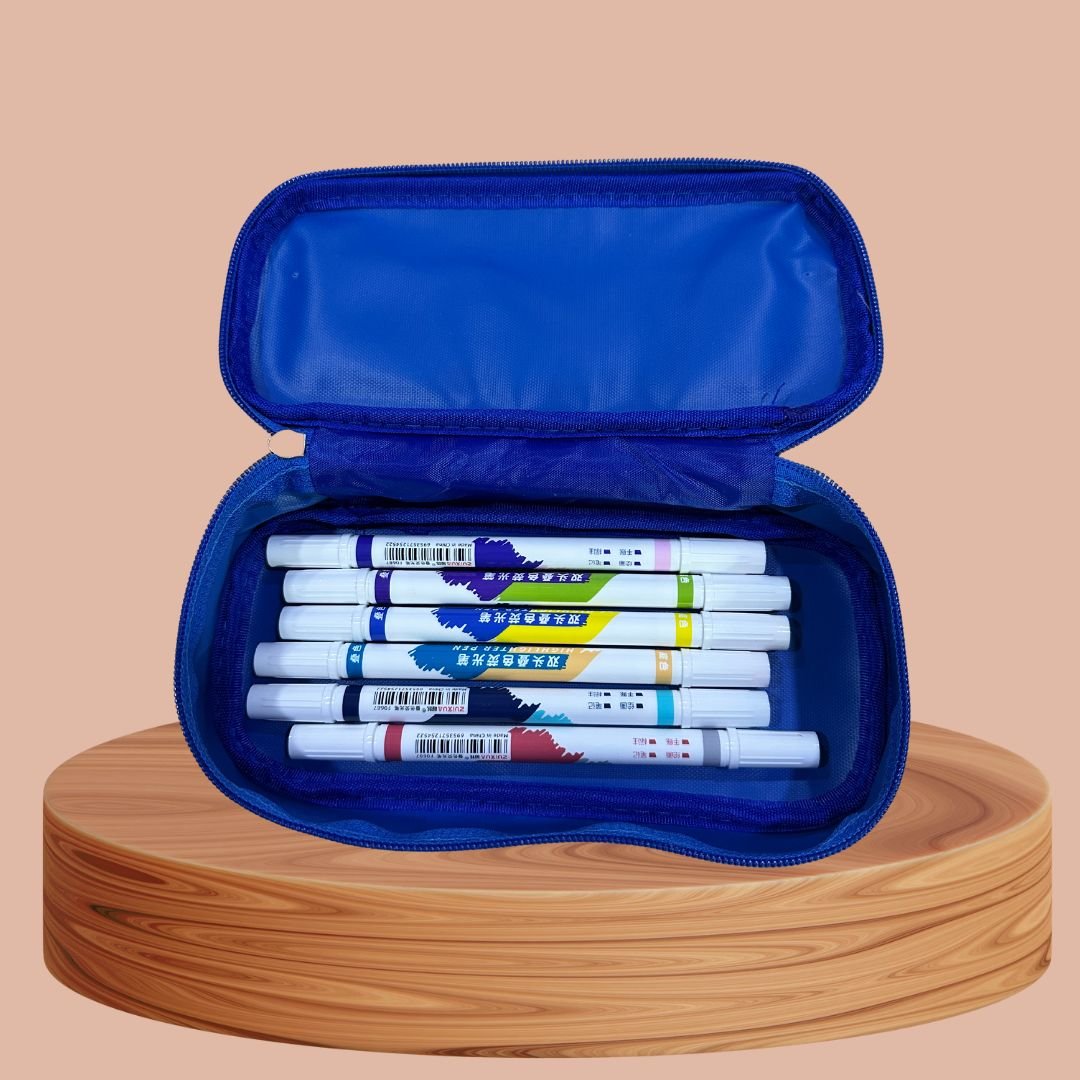 A blue-colored pencil pouch with different sketches in it. 