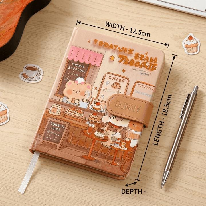 Bear Theme Diary with Magnetic ClosureDiaryCrafty CuddleNotebook with cartoon design on a wooden surface with measurements and a pen.CuteDiary BearTheme KawaiiStationery AestheticNotebook CartoonDiary JournalLovers CuteStationery SchoolSupplies PastelAesthetic StationeryAddict