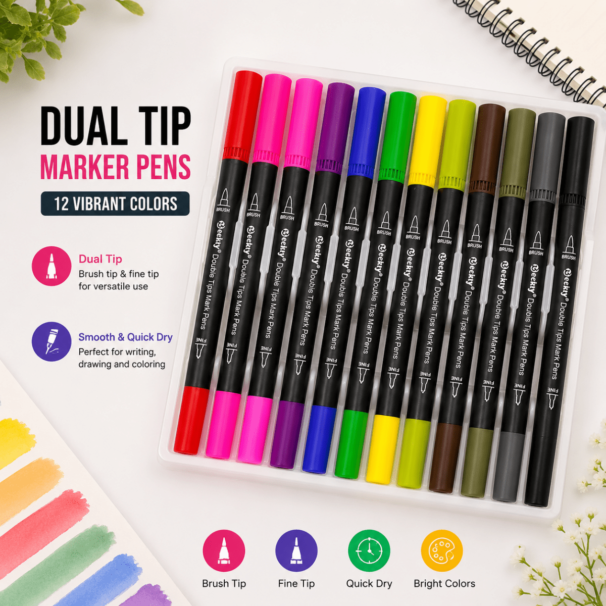 Beckly Dual Tip Brush PensBeckly Dual Tip Brush PensCrafty CuddleBeckly Dual Tip Brush PensBeckly Dual Tip Brush Pen12 color brush pensart marker pens