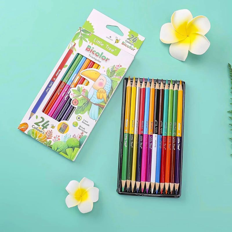 Bicolor Triangular Colour Pencils Pack of 12 (24 Shades)pencil colorsCRAFTY CUDDLESet of colored pencils with packaging on a light blue backgroundcolouring pencils coloring supplies kids coloring tools art materials school art supplies colour pencil set color pencil pack student stationery