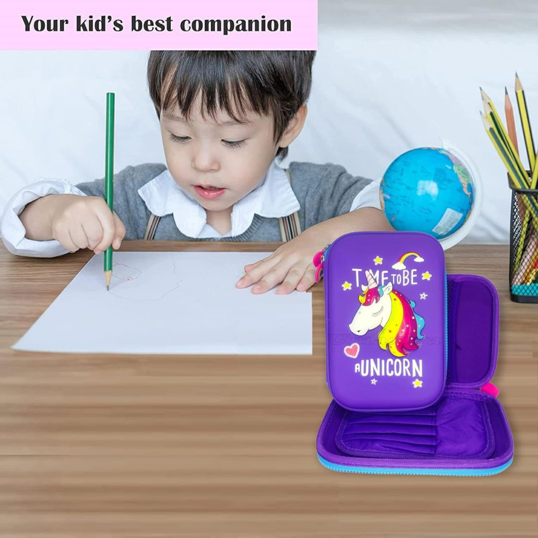 Kid drawing at desk with large capacity Unicorn EVA pencil pouch – colorful and durable stationery case for school supplies