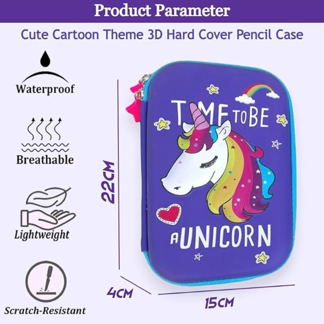 Large capacity 3D Unicorn EVA pencil pouch for kids – waterproof, lightweight, breathable, and scratch-resistant hard cover stationery case