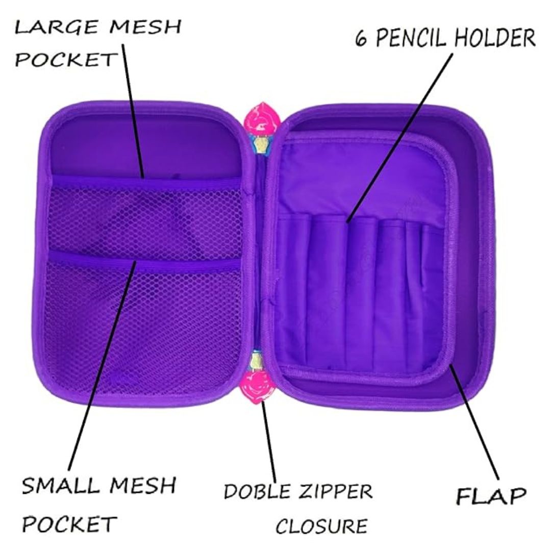 unicorn pencil pouch with large mesh pocket, 6 pencil holder, small mesh pocket, double zipper closure, flap,