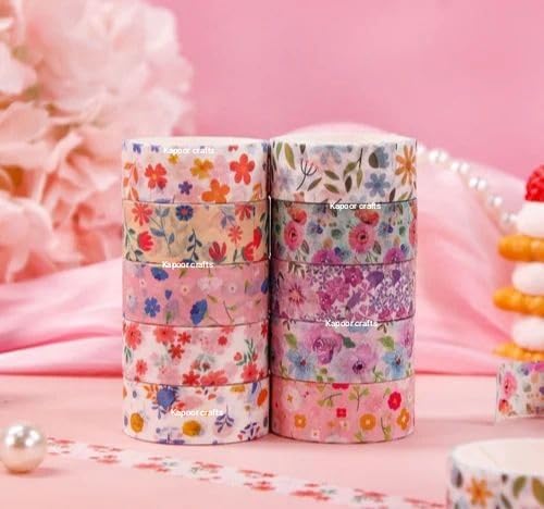 Floral washi tapes arranged column-wise in a beautiful pink background area