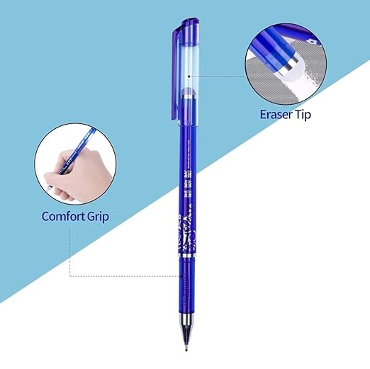 BlueMagic Erasable Gel PensCrafty CuddleBlue pen with eraser tip and comfort grip on a blue and white backgroundBlue Erasable Pen