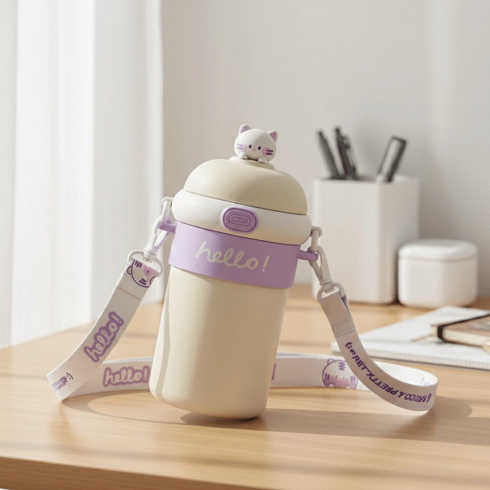 Bouncing Straw Glass Cup with StrapCartoon Kids Water BottleCRAFTY CUDDLECream - colored water bottle with purple accents and a cat design on a wooden surface.Cream PurpleBouncingStrawCup KidsGlassBottle 510mlBottle StrawWaterBottle LeakProofBottle KidsWaterBottle SchoolWaterBottle CuteCharmsBottle ReusableGlassBottle CartoonWaterBottle
