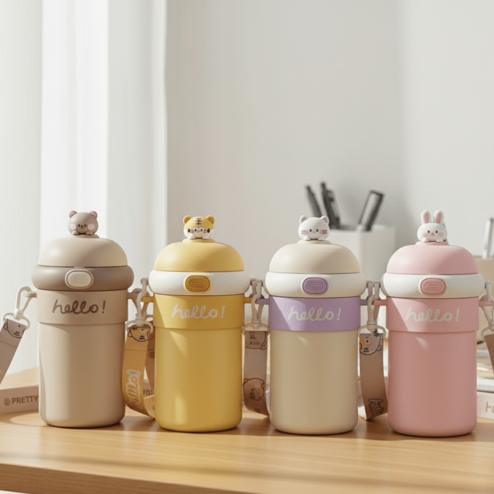 Bouncing Straw Glass Cup with StrapCartoon Kids Water BottleCRAFTY CUDDLEFour colorful water bottles with animal - shaped lids on a wooden surface.YellowBouncingStrawCup KidsGlassBottle 510mlBottle StrawWaterBottle LeakProofBottle KidsWaterBottle SchoolWaterBottle CuteCharmsBottle ReusableGlassBottle CartoonWaterBottle